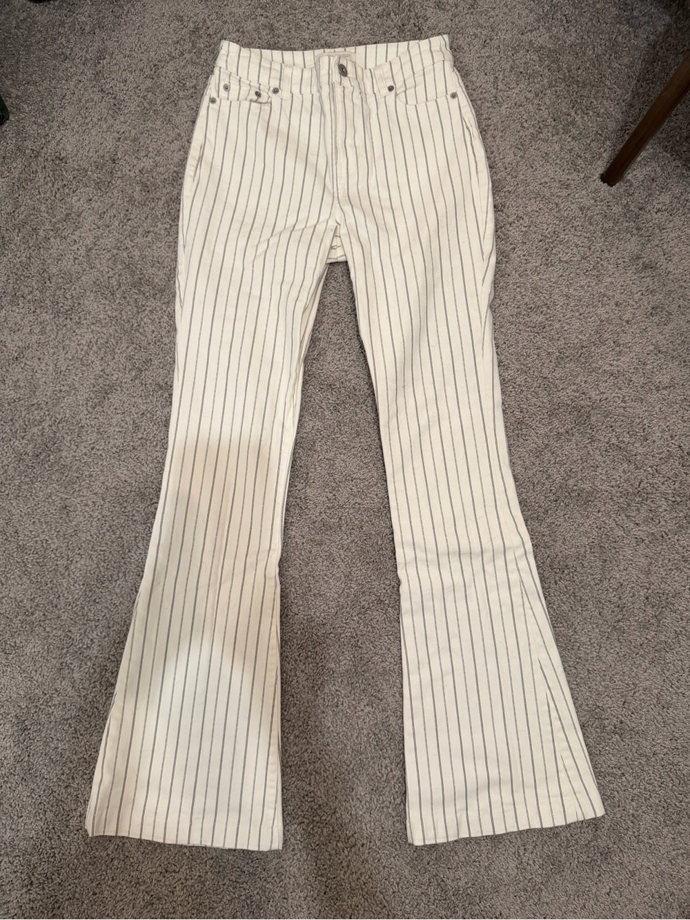 Chelsea & Violet Cream High-Rise Flare Pants with Dark Pinstripes